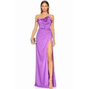 Liv Foster Strapless Gown Satin Flower Iris sz 6 High Slit Ruffle Rosette $650